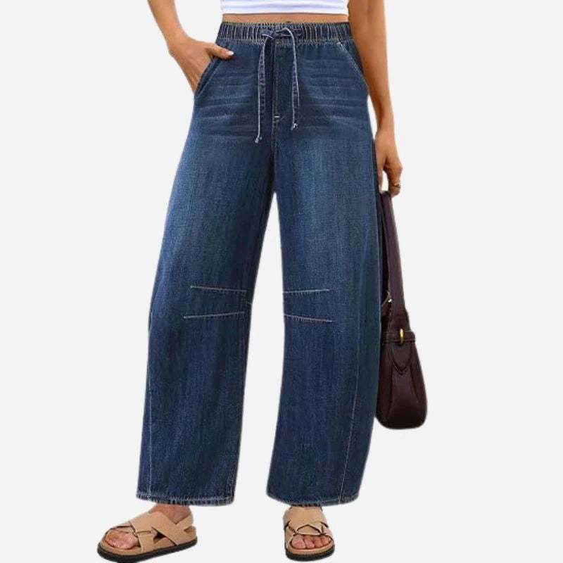 women barrel jeans wide leg drawstring baggy denim pants in dark blue