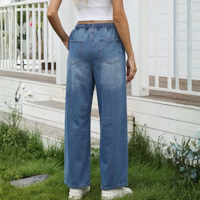 women barrel jeans wide leg drawstring baggy denim pants, light blue, back view
