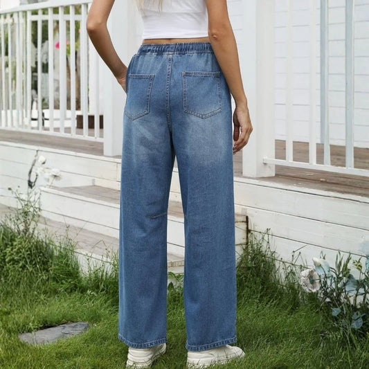 women barrel jeans wide leg drawstring baggy denim pants, light blue, back view
