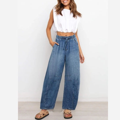 women barrel jeans wide leg drawstring baggy denim pants in light blue
