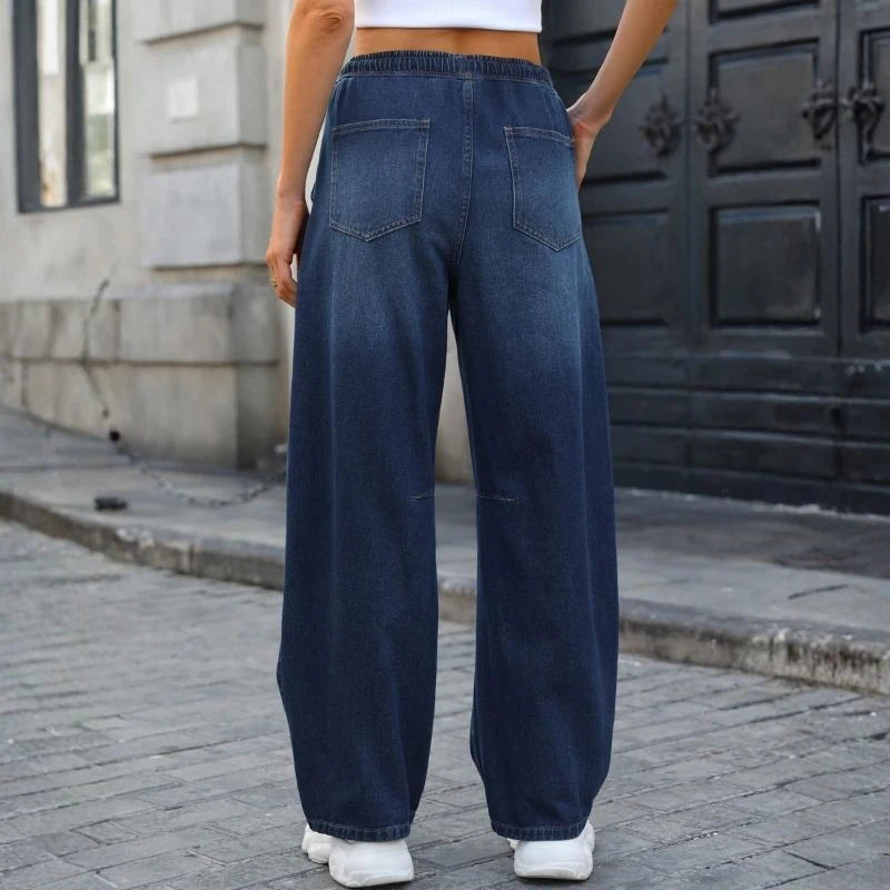 women barrel jeans wide leg drawstring baggy denim pants in dark blue, back view
