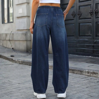women barrel jeans wide leg drawstring baggy denim pants in dark blue, back view