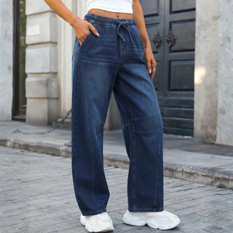women barrel jeans wide leg drawstring baggy denim pants in dark blue, side view