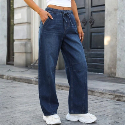 women barrel jeans wide leg drawstring baggy denim pants in dark blue, side view
