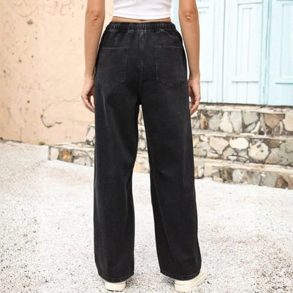 women barrel jeans wide leg drawstring baggy denim pants in black, back view