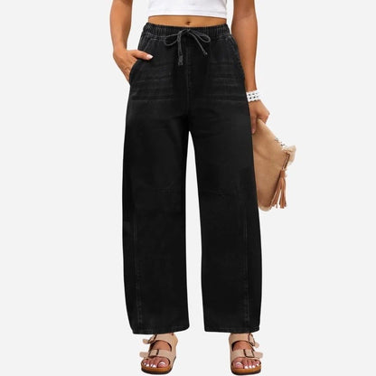 women barrel jeans wide leg drawstring baggy denim pants in black