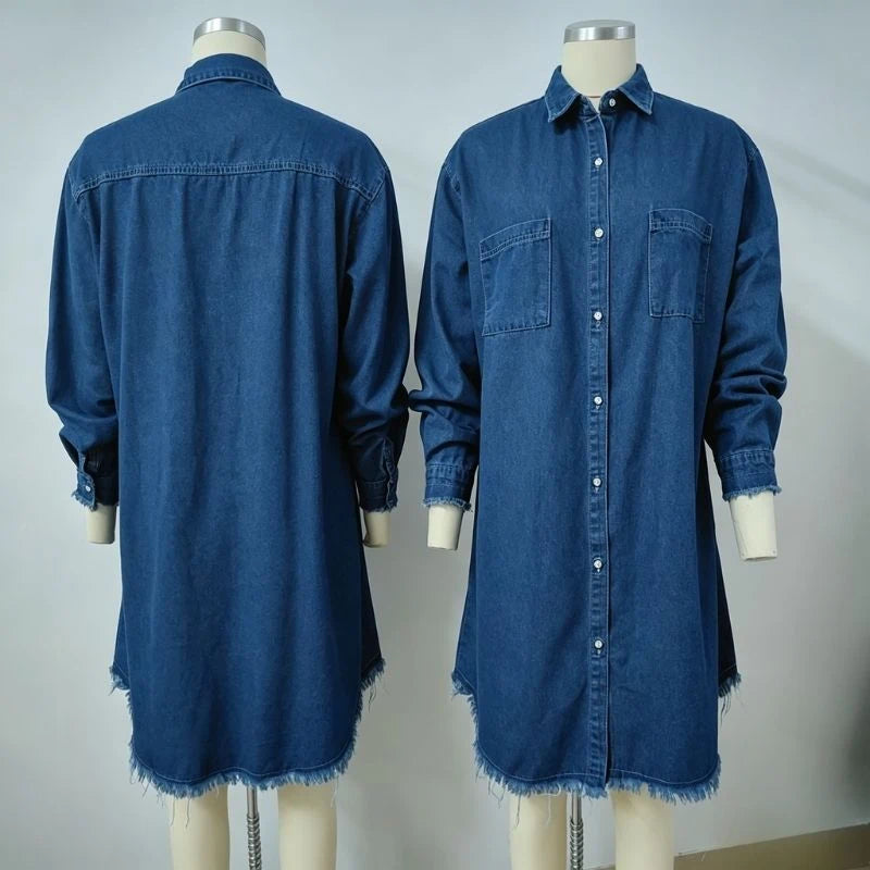 women oversized button down denim shirt dress in dark blue, front and back views
