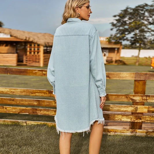 women oversized denim shirt dress button down frayed hem dress, back view