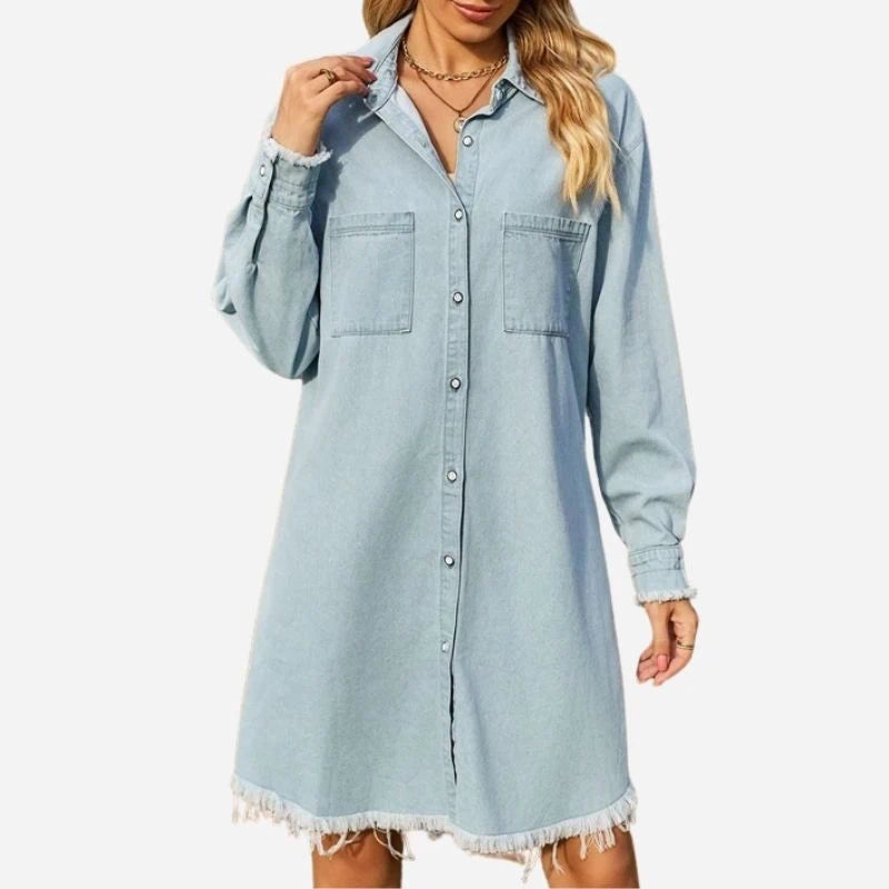 women oversized denim shirt dress button down frayed hem dress