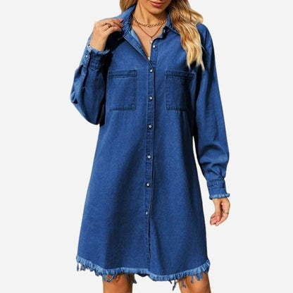 women oversized button down denim shirt dress in dark blue