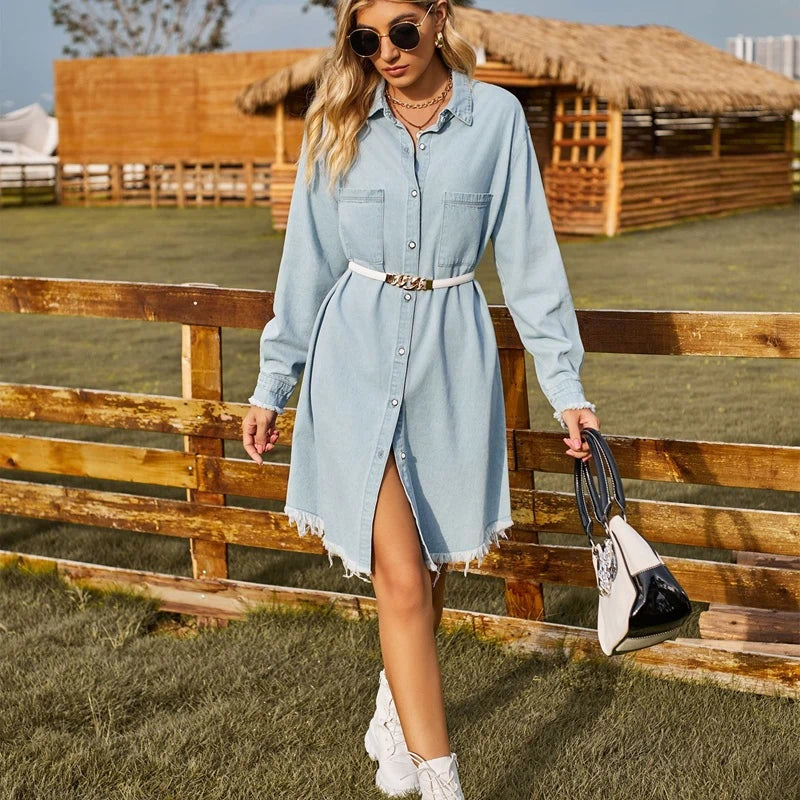 women oversized denim shirt dress button down frayed hem dress in light blue