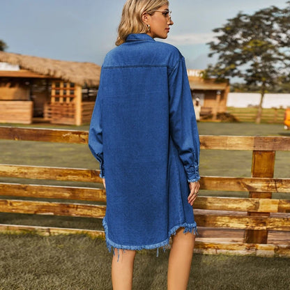 women oversized button down denim shirt dress in dark blue, back view