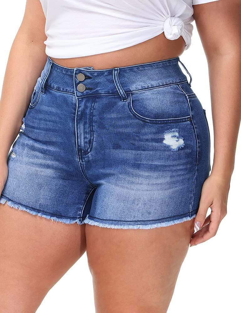 Women Plus Size Jean Shorts High Waisted Frayed Raw Hem Denim Pants