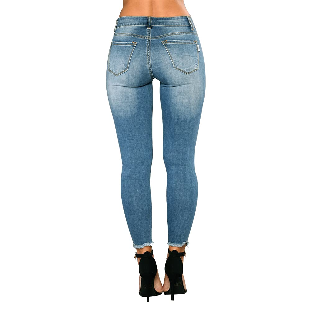 Women Skinny Ripped Jeans Stretch Distressed Destroyed Denim Pants