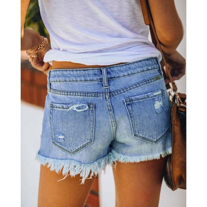 Women Button Fly Printed Ripped Shorts Distressed Raw Hem Denim Jean Shorts