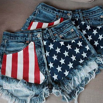 Women Button Fly Printed Ripped Shorts Distressed Raw Hem Denim Jean Shorts