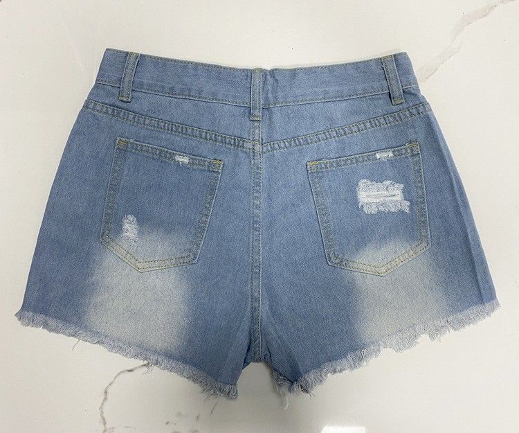 Women Button Fly Printed Ripped Shorts Distressed Raw Hem Denim Jean Shorts