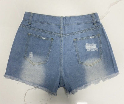 Women Button Fly Printed Ripped Shorts Distressed Raw Hem Denim Jean Shorts