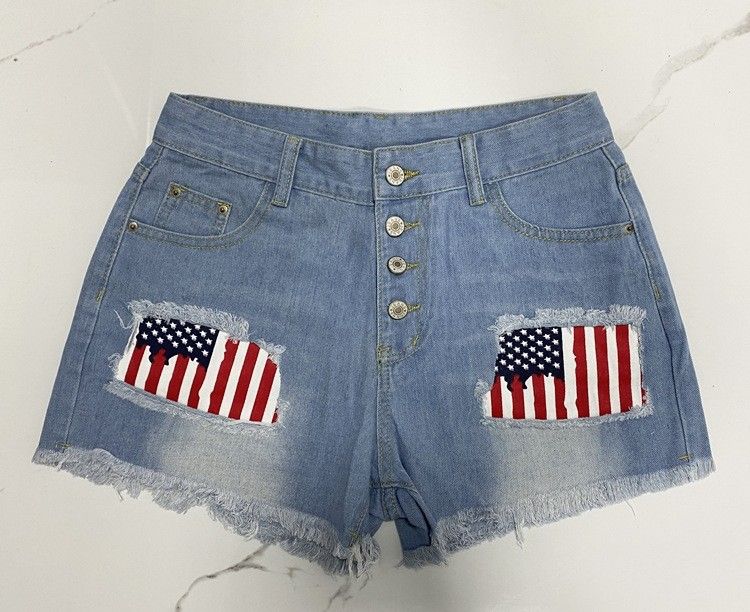 Women Button Fly Printed Ripped Shorts Distressed Raw Hem Denim Jean Shorts