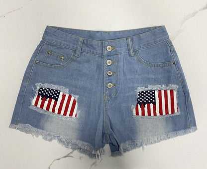 Women Button Fly Printed Ripped Shorts Distressed Raw Hem Denim Jean Shorts