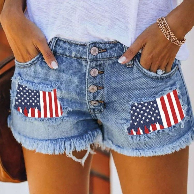 Women Button Fly Printed Ripped Shorts Distressed Raw Hem Denim Jean Shorts