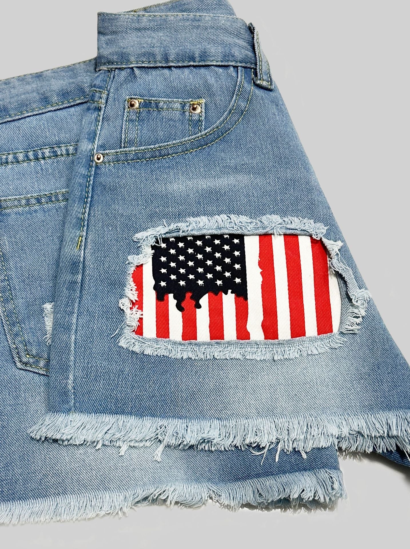 Women Button Fly Printed Ripped Shorts Distressed Raw Hem Denim Jean Shorts