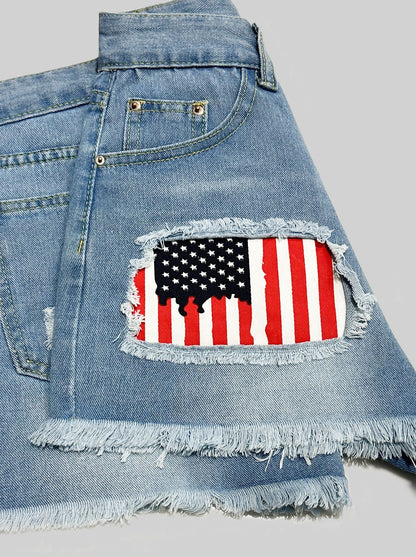 Women Button Fly Printed Ripped Shorts Distressed Raw Hem Denim Jean Shorts