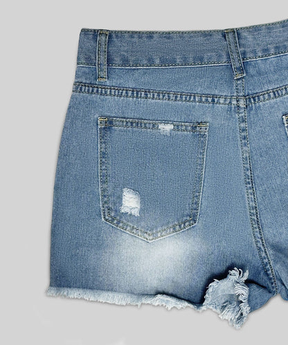 Women Button Fly Printed Ripped Shorts Distressed Raw Hem Denim Jean Shorts