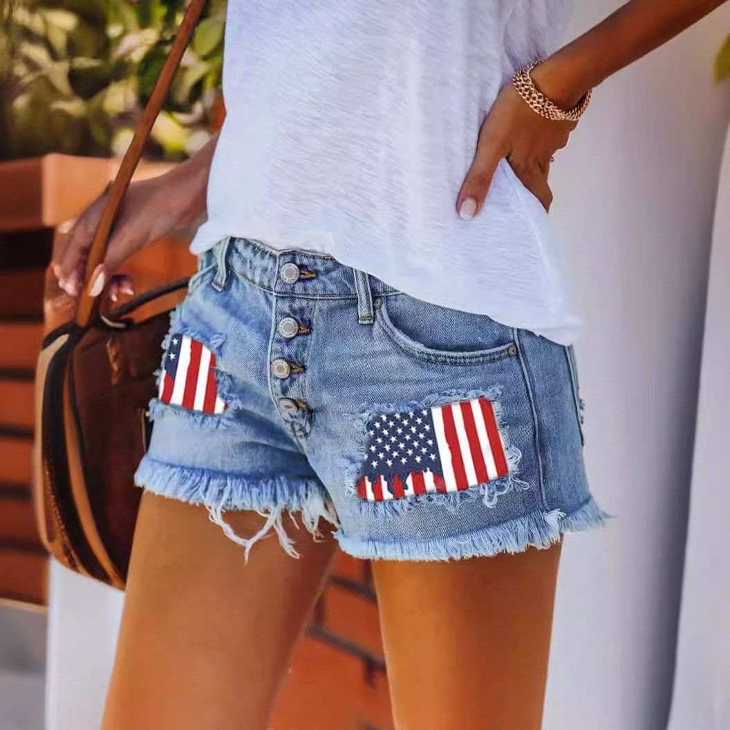 Women Button Fly Printed Ripped Shorts Distressed Raw Hem Denim Jean Shorts