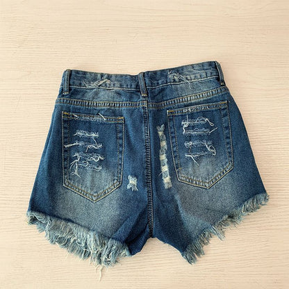 Women Button Fly Printed Ripped Shorts Distressed Raw Hem Denim Jean Shorts