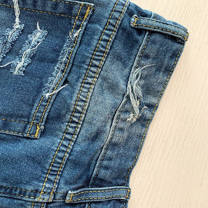 Women Button Fly Printed Ripped Shorts Distressed Raw Hem Denim Jean Shorts