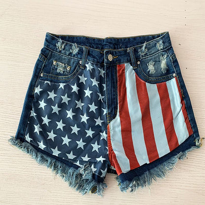 Women Button Fly Printed Ripped Shorts Distressed Raw Hem Denim Jean Shorts