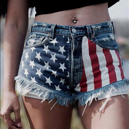 Women Button Fly Printed Ripped Shorts Distressed Raw Hem Denim Jean Shorts