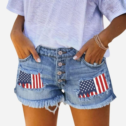 Women Button Fly Printed Ripped Shorts Distressed Raw Hem Denim Jean Shorts