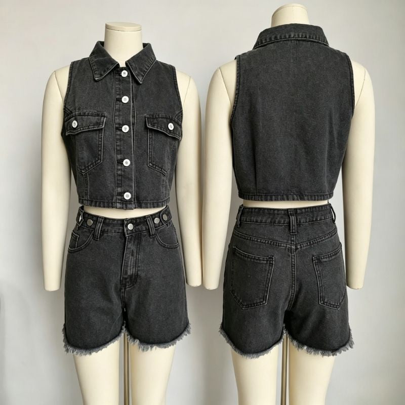 women denim vest and shorts set sleeveless two piece outfit in black, front and back views