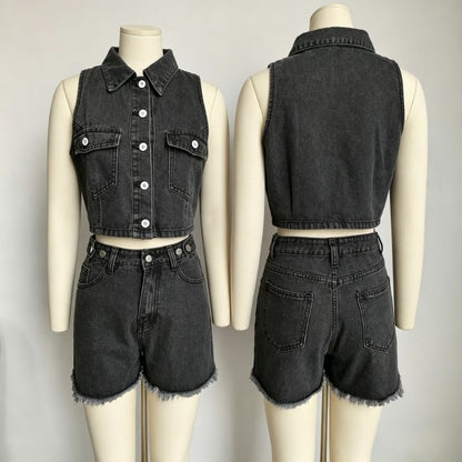 women denim vest and shorts set sleeveless two piece outfit in black, front and back views