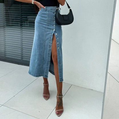 Women’s high waisted button front midi denim skirt with slit in blue, front view