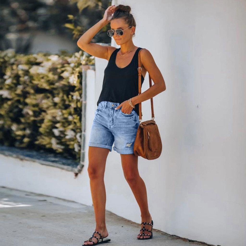 Women Mid Rise Ripped Denim Shorts Pants Butt Lifting Jean Shorts