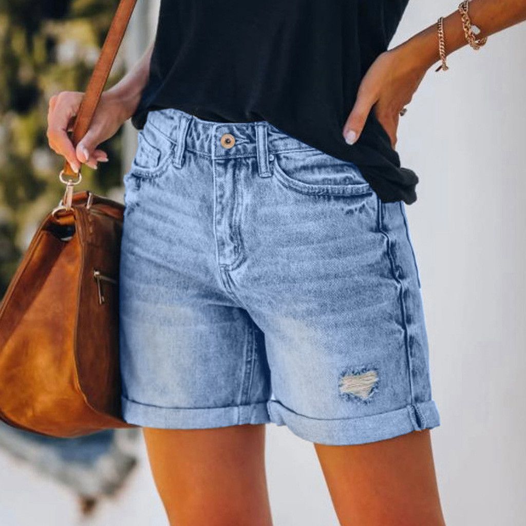 Women Mid Rise Ripped Denim Shorts Pants Butt Lifting Jean Shorts