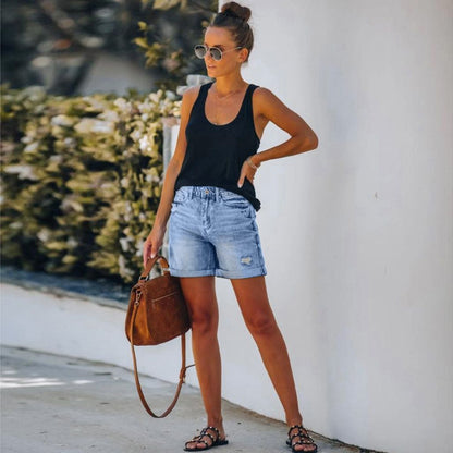 Women Mid Rise Ripped Denim Shorts Pants Butt Lifting Jean Shorts