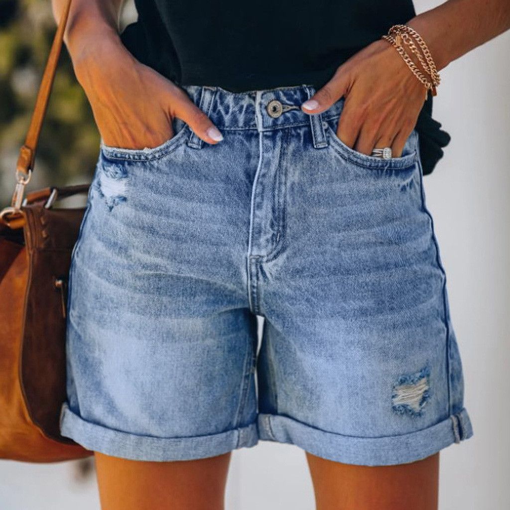 Women Mid Rise Ripped Denim Shorts Pants Butt Lifting Jean Shorts