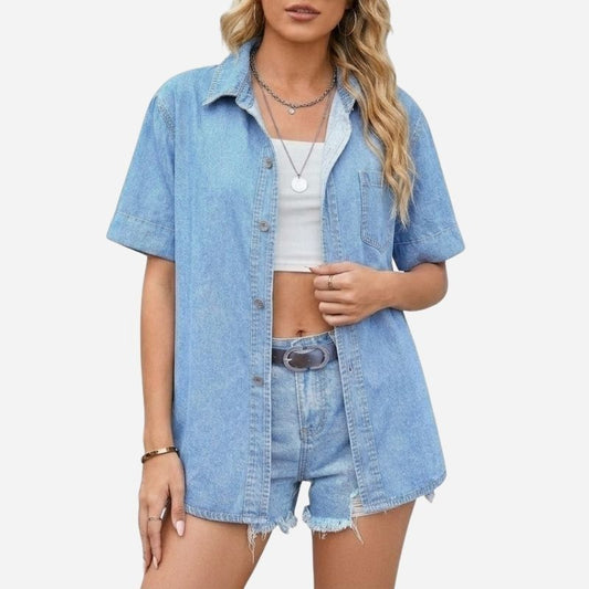 women denim shirt short sleeve button up jean top