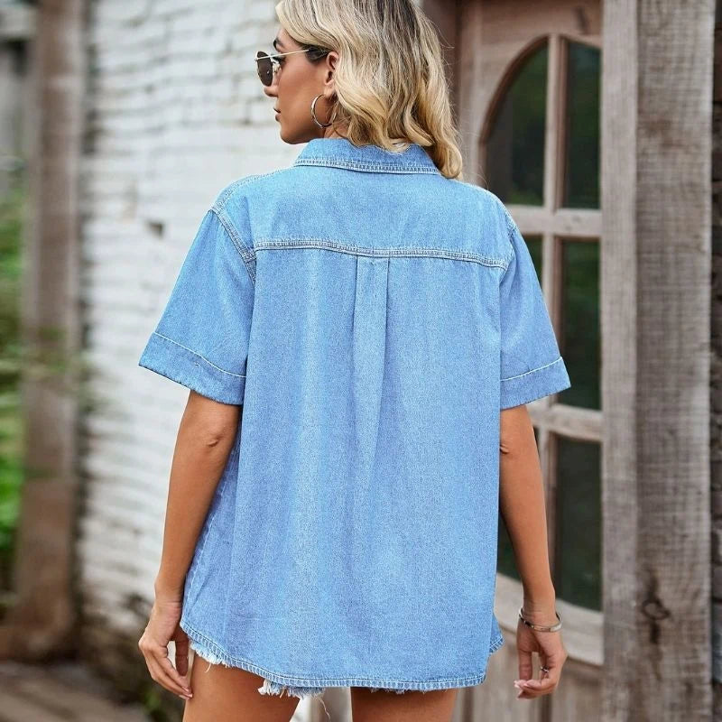 women oversized denim shirt short sleeve button up jean top, back view