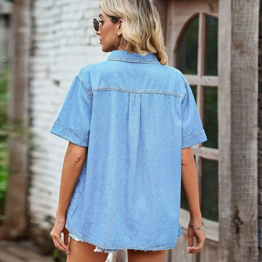 women oversized denim shirt short sleeve button up jean top, back view