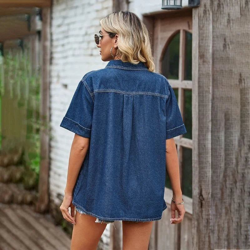 women oversized denim shirt short sleeve jean top in dark blue, back view
