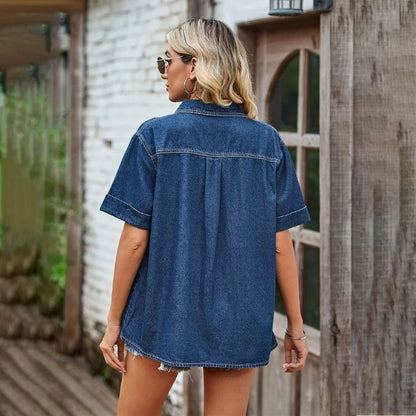 women oversized denim shirt short sleeve jean top in dark blue, back view