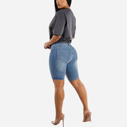 Women plus size denim shorts high waisted ripped jean shorts, back view