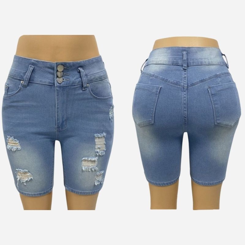 Women plus size denim shorts high waisted ripped jean shorts, front and back views