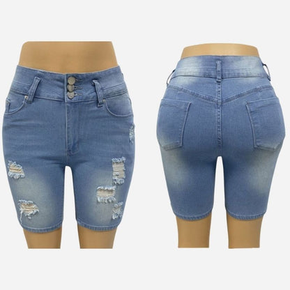 Women plus size denim shorts high waisted ripped jean shorts, front and back views
