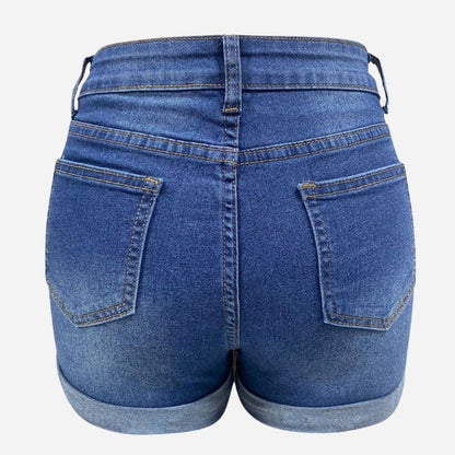 Women ripped denim shorts, flat lay back